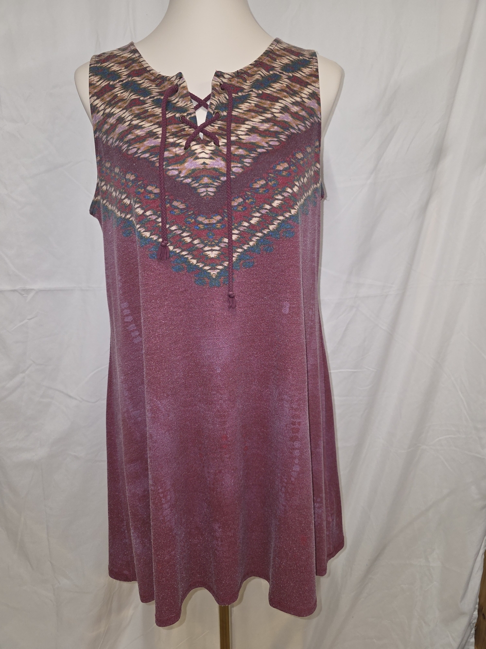 About A Girl Lace-Up Knit Mini Dress in Plum with Teal & Cream Pattern